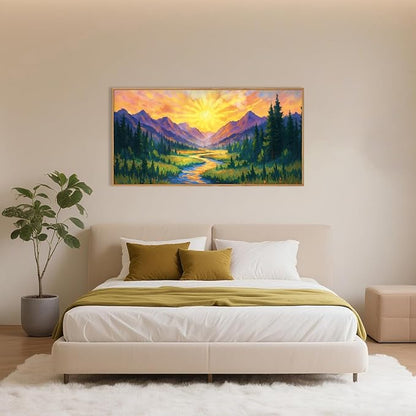 HPNIUB Boho Sunrise Mountain Framed Wall Art Set,Colorful Nature Wilderness Wall Decor,Abstract Landscape Art Print,Sunset Pine Tree Artwork for Living Room, Bedroom,Dining Room,Office-20''x40''