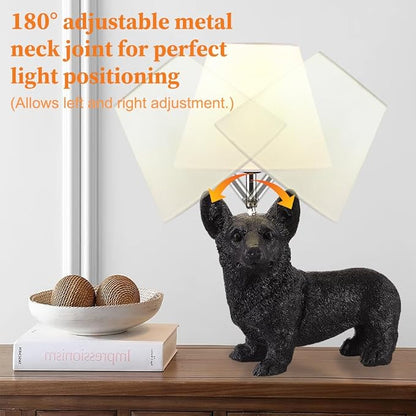 Black Corgi Table Lamp Modern Resin Puppy Desk Lamp Aesthetic Linen Bedside Lamp for Night Stands Living Room Bedroom Corner Kid’s Room Decor
