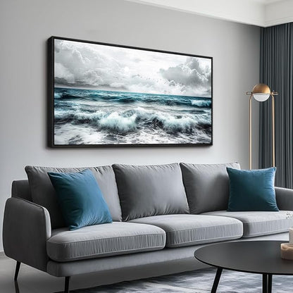ERQINHUA Black And White Beach Wall Painting Large Canvas Wall Art For Living Room Wall Decor For Bedroom Office Wall Decor Blue Sea Wave Pictures Artwork Hotel Home Decor Black Framed 30x60 In