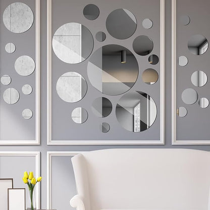 Jetec 28 Pcs Real Glass Round Mirror Tiles Frameless Wall Glass Tiles Round Wall-Mount Mirrors with Acrylic Double Sided Adhesive for Bedroom Bathroom Craft(2/3/4/6/8/10 Inch)