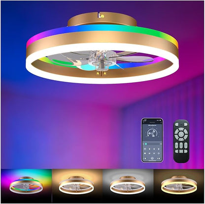 RGB Ceiling Fan with Lights, Low Profile Ceiling Fans with Lights and Remote, Flush Mount LED Fan Light, Modern Bladeless Fandelier for Bedroom Works with APP, 16IN Gold