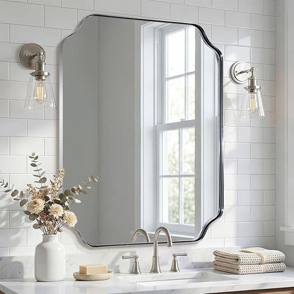 ANDY STAR 30x36 Inch Chrome Bathroom Mirror, Polished Nickel Vanity Mirror, Scalloped Mirror in Anti-Rust Stainless Steel Metal Thin Frame, Unique Rounded Notched Corners, Vertically/Horizontally