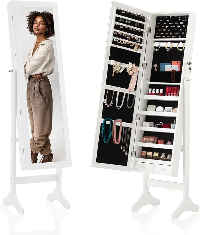 DUMOS Jewelry Armoire Cabinet with Full Length Mirror, 47.3" Jewelry Organizer, Lockable Large Capacity Jewelry Armoire with Drawers, 3 Adjustable Angles, White