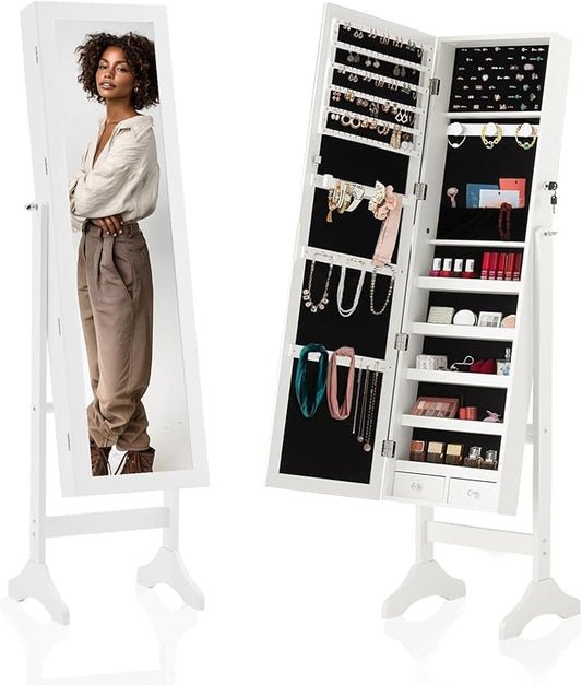 DUMOS Jewelry Armoire Cabinet with Full Length Mirror, 47.3" Jewelry Organizer, Lockable Large Capacity Jewelry Armoire with Drawers, 3 Adjustable Angles, White