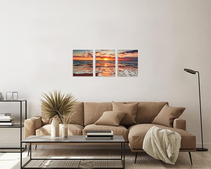 TutuBeer 3 Pcs Picture of the Beach Ocean Pictures Blue Sea Beach at Sunrise Art Print on Canvas Sea Wall Decor Ocean Wall Art Seascape Canvas Stretched and Framed 16" x 24" x 3 Pcs