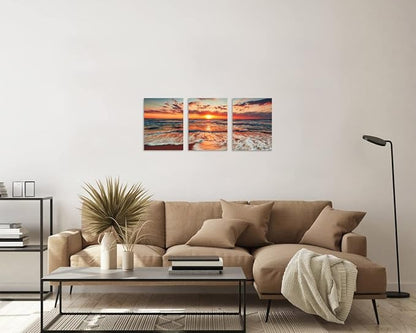 TutuBeer 3 Pcs Picture of the Beach Ocean Pictures Blue Sea Beach at Sunrise Art Print on Canvas Sea Wall Decor Ocean Wall Art Seascape Canvas Stretched and Framed 16" x 24" x 3 Pcs