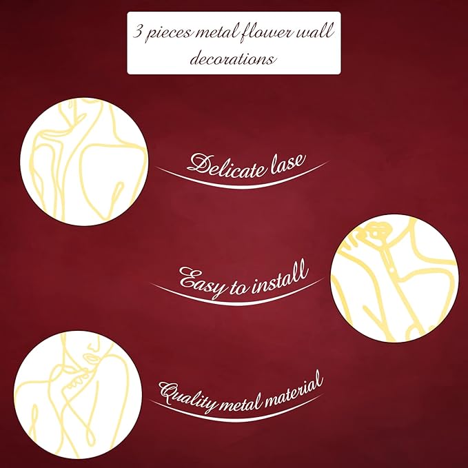 Photect 3 Pcs Metal Wall Art Decor Minimalist Abstract Woman Wall Art Metal Modern Line Drawing Decor Female Single Line Home Hanging for Bedroom Bathroom Living Room Housewarming(Elegant,Gold)