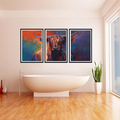 Vibrant Highland Cow Framed Canvas Wall Art Abstract Cow Portrait Poster Wall Decor for Country Apartment Living Room Office Nursery Scottish Cattle Artwork Decoration Easy to Hand 24x36inchx3pcs