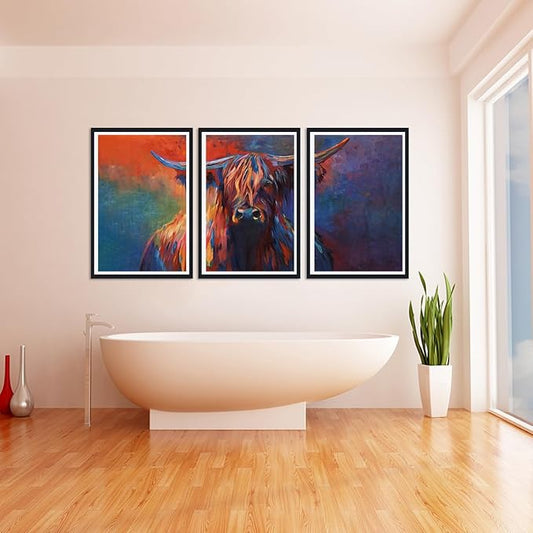 Vibrant Highland Cow Framed Canvas Wall Art Abstract Cow Portrait Poster Wall Decor for Country Apartment Living Room Office Nursery Scottish Cattle Artwork Decoration Easy to Hand 24x36inchx3pcs