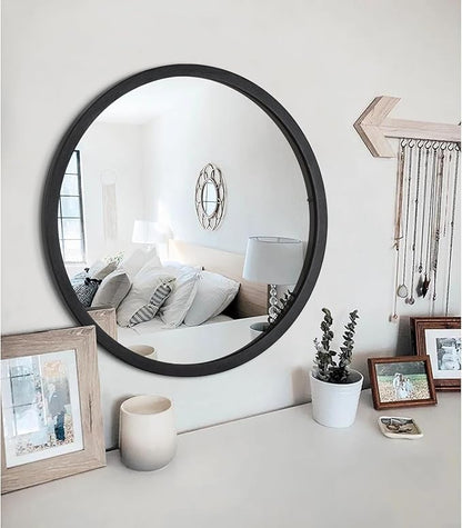 JJUUYOU Round Wall Mirror 16", Hanging Circle Mirror Round Black Mirror for Bathroom Wooden Farmhouse Frame Mirror for Bedroom, Living Room or Entryway Wall Decorative