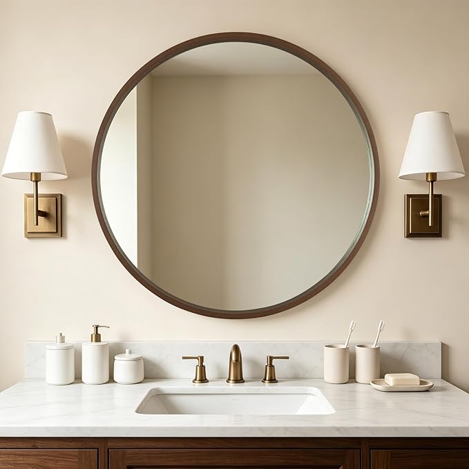WallBeyond 36 Inch Round Wood Mirror, Large Circle Wooden Frame Wall Mirror for Bathroom, Living Room, Bedroom, Entryway (Walnut)