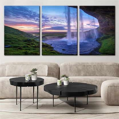 Pacimo Waterfall at Sunset Canvas Wall Art Print Iceland Landscape Painting Framed Wall Art Decor for Living Room Home Decoration 3 Pieces Gallery Wrapped Posters and Prints Ideal Gifts - 20"x28"x3