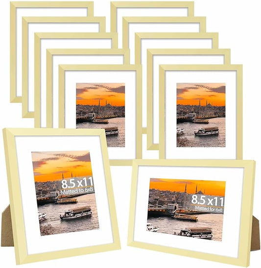 JCJMY 12 Packs 8.5 by 11 Picture Frames, Display 6x8 with Mat or 8.5x11 Without, for Award Certificate Diploma Document, 8.5 x 11 Frames Bulk Set of 12 Photo Frames Set for Wall and Tabletop, Gold