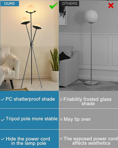 3 Globe Dimmable Tripod Floor Lamp, Mid Century Tree Floor Lamps with 3Pcs 3000K Bulbs Included, Modern Standing Tall Lamp for Living Room Bedroom Home Office Corner-Black