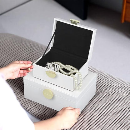 HofferRuffer Faux Leather Jewelry Boxes, Decorative Boxes Storage Accessory Organizer with Gold Hardware Decor, Classic Vegan Leather Set of 2 Pieces (White)