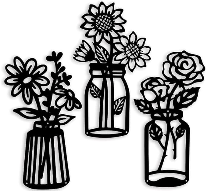 3 Pcs Metal Flower Wall Decor,Black Metal Art Wall Decor Minimalist Floral Wall Decor Multiple Flowers with Vases Sculpture Wall Hanging Decor for Bathroom Living Room Kitchen Office
