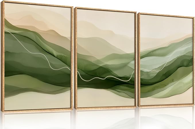 Large Abstract Smoke Waves Framed Canvas Wall Art Set,Ink Minimalist Green Beige Wall Decor,Watercolor Modern Neutral Lines Artwork for Living Room,Bedroom,Office-16 x24 x3