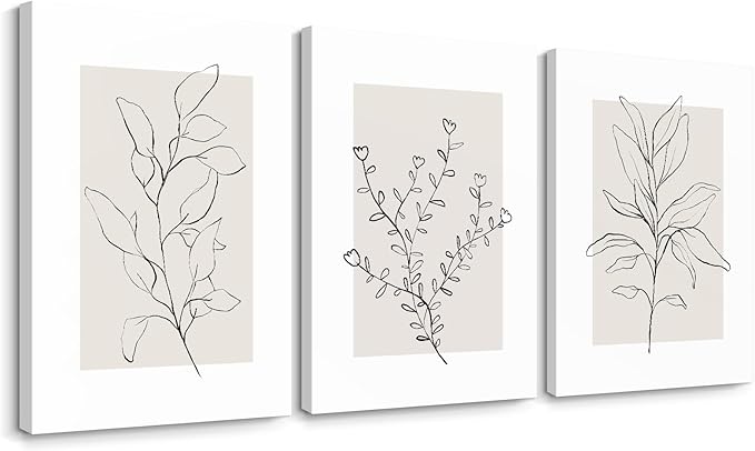 Youillne Neutral Botanical Prints Wall Art Decor Plant Minimalist Canvas Pictures Vintage Beige Wall Art Modern Farmhouse Line Poster Boho Abstract Painting Artwork for Bedroom 24x36 Inch Set of 3