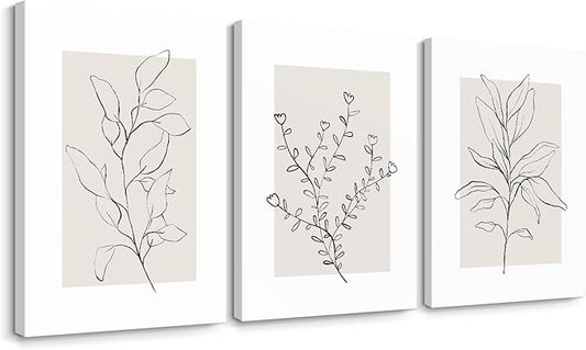 Youillne Neutral Botanical Prints Wall Art Decor Plant Minimalist Canvas Pictures Vintage Beige Wall Art Modern Farmhouse Line Poster Boho Abstract Painting Artwork for Bedroom 24x36 Inch Set of 3