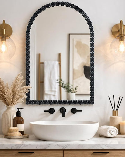 Black Beaded Arched Wall Mirror 24x36 Inch, Vintage Decorative Arch Mirror with Beaded Frame, Accent Mirror for Entryway, Bathroom, Living Room, Bedroom, Fireplace