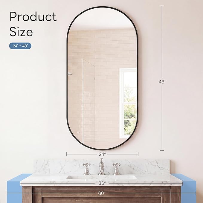Sweetcrispy 24" x 48" Black Bathroom Mirror for Wall, Oval Wall Mirror with Metal Frame, Tempered Glass, Modern Vanity Mirror for Over Sink, Living Room, Bedroom, Entryway, Horizontal or Vertical