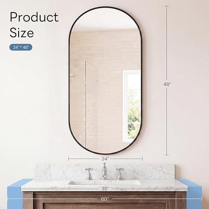 NEWBULIG 24" x 48" Oval Bathroom Mirror, Black Wall Mirror with Metal Frame, Tempered Glass, Morden Vanity Mirror for Over Sink, Entryway, Living Room, Bedroom, Horizontal or Vertical