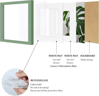 Egofine 8x8 Picture Frames 4PCS, Made of Solid Wood Covered by Plexiglass Display 4x4/6x6 with Mat or 8x8 without Mat, for Table Top Display and Wall Mounting Photo Frame, Green
