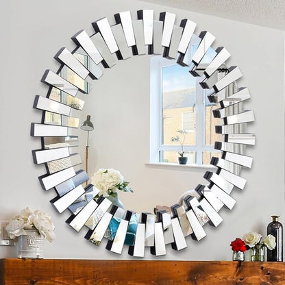 Chende Round Mirrors for Wall Decor, 32'' Large Living Room Mirror with Beveled Edge Glass Frame, Modern Decorative Mirror for Entryway, Dining Room, Bathroom