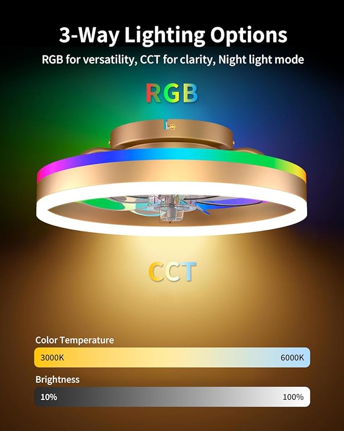 RGB Ceiling Fan with Lights, Low Profile Ceiling Fans with Lights and Remote, Flush Mount LED Fan Light, Modern Bladeless Fandelier for Bedroom Works with APP, 16IN Gold