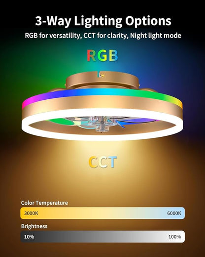 RGB Ceiling Fan with Lights, Low Profile Ceiling Fans with Lights and Remote, Flush Mount LED Fan Light, Modern Bladeless Fandelier for Bedroom Works with APP, 16IN Gold