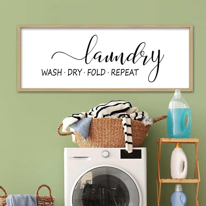 Laundry Room Wall Decor Sign 32"×12" Bathroom Laundry Rules Wash Dry Fold Repeat Large Wood Framed Wall Hanging Art (Wood)