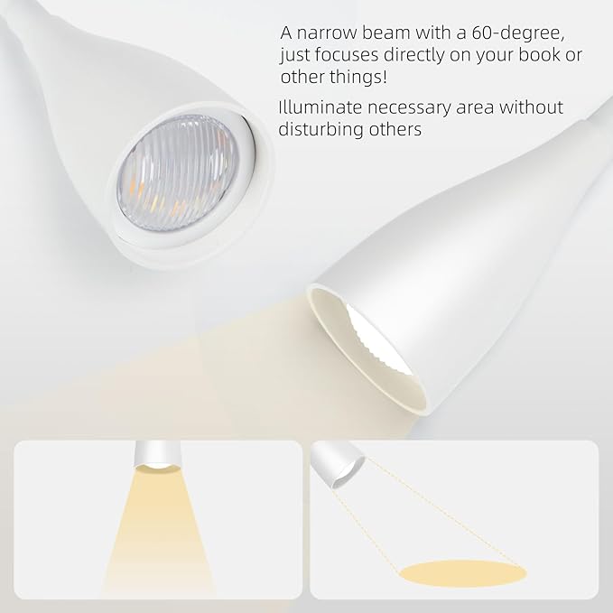 LiFMIRA Wall-Mounted LED Bedside Reading Light with USB Charging Port, 10-Level Dimmable & Adjustable 5 Color, Plug-in Adhesive Night Lamp for Books in Bed, Eye-Caring Bedroom Lighting (White 2 Pack)