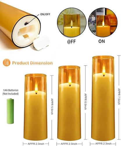 kakoya Flickering Flameless Candles Battery Operated with Remote and 2/4/6/8 H Timer Acrylic Led Pillar Candles Pack of 9 (appr D2.3"xH5.5"6.5"7.5")with Realistic 3D Wick Candles for Home Decor(Gold)
