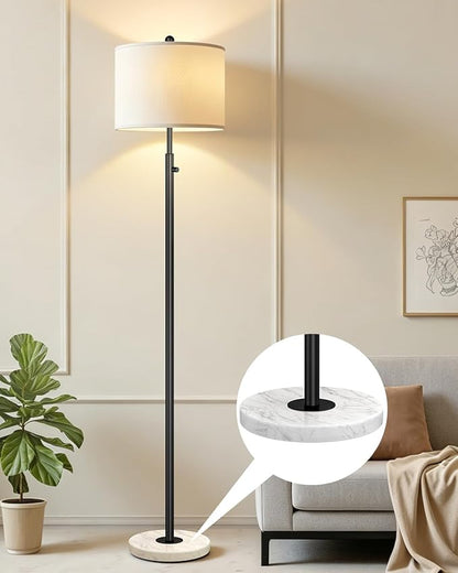 Nintiue Dimmable Floor Lamp for Living Room, 11W LED Bulb Included, Modern Standing Lamp with Marble Base, Tall Pole Light with White Linen Shade for Bedroom Reading Office Corner Nursery-Black