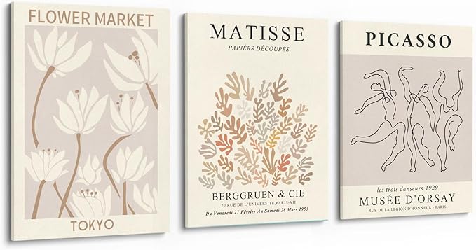 MINI ZOZI Matisse Wall Art Framed Flower Market Prints 12x16 3PCS Picasso Wall Decor Large Canvas Beige Posters Trendy Funky Aesthetic Abstract Line Minimalist Poster Danish Pastel Painting Bedroom Printing Neutral