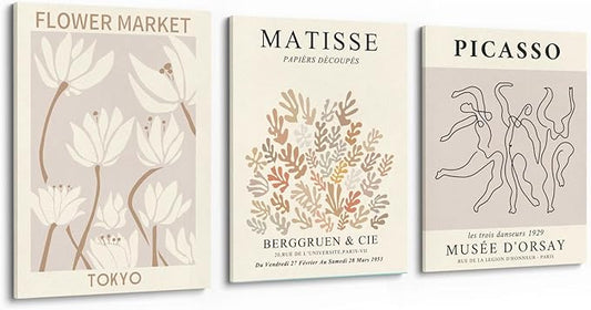 MINI ZOZI Matisse Wall Art Framed Flower Market Prints 12x16 3PCS Picasso Wall Decor Large Canvas Beige Posters Trendy Funky Aesthetic Abstract Line Minimalist Poster Danish Pastel Painting Bedroom Printing Neutral