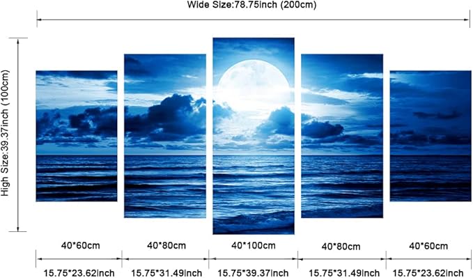 Pyradecor Extra Large Blue Clouds 5 Panels Moon Sea Beach Canvas Wall Art Modern Landscape Canvas Prints Pictures Artwork for Living Room Bedroom Home Decorations