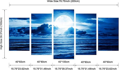 Pyradecor Extra Large Blue Clouds 5 Panels Moon Sea Beach Canvas Wall Art Modern Landscape Canvas Prints Pictures Artwork for Living Room Bedroom Home Decorations