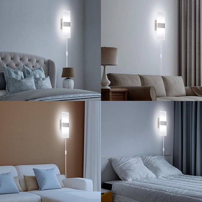 TRLIFE Wall Sconce Plug in, Modern Wall Sconce 12W Wall Mounted Light 6000K Cool White Acrylic LED Wall Lights with 6FT Plug in Cord and On/Off Switch on The Cord(1 Pack, Silver)