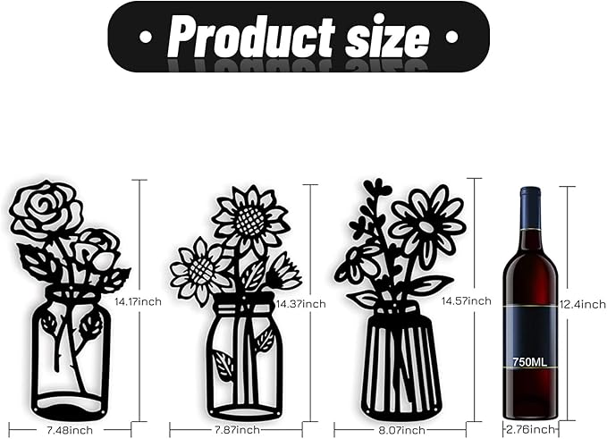 3 Pcs Metal Flower Wall Decor,Black Metal Art Wall Decor Minimalist Floral Wall Decor Multiple Flowers with Vases Sculpture Wall Hanging Decor for Bathroom Living Room Kitchen Office