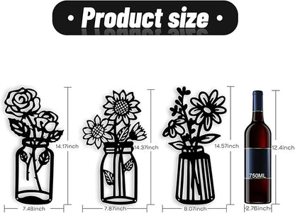3 Pcs Metal Flower Wall Decor,Black Metal Art Wall Decor Minimalist Floral Wall Decor Multiple Flowers with Vases Sculpture Wall Hanging Decor for Bathroom Living Room Kitchen Office