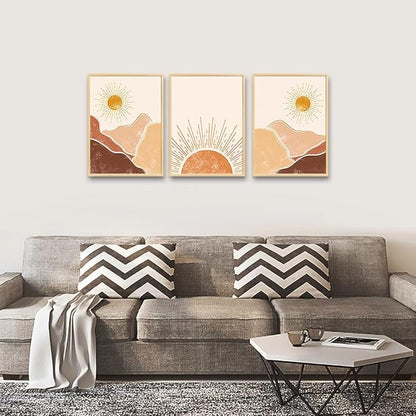 Natural Wood Framed Boho Wall Art for Bedroom, Living Room, Minimalist Office Decor - Abstract Mountain Sunshine Decorations Paintings Pictures for Girl Room Home Decor - 3 Piece