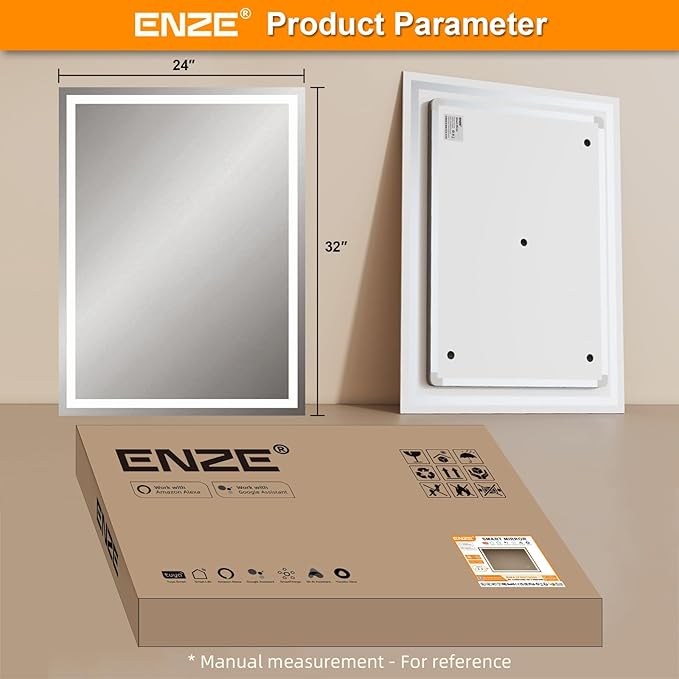 ENZE 24" x 32" Smart LED Bathroom Mirror with Lights, WiFi & Alexa Voice Control, Anti-Fog Wall-Mounted Vanity Mirror, Dimmable 3-Color, Plug-in/Hardwired, Horizontal/Vertical