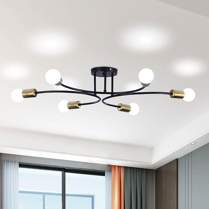 FRIXCHUR Modern Semi Flush Mount Ceiling Light Fixture 6-Lights Sputnik Chandelier Light Black and Gold Close to Ceiling Light Fixture for Living Room Bedroom Kitchen