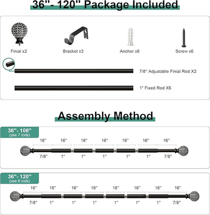 QDWIS Black Curtain Rods for Windows 66 to 120 Inch,1'' Diameter Drapery Rods with Leaf Pattern Finials,Decorative Adjustable Heavy Duty Curtain Rods Set,36-120''