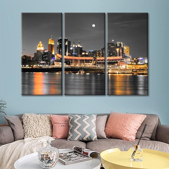 TUMOVO 3 Panel Cincinnati Ohio City Skyline Canvas Wall Art American Skyscrapers Cityscape Pictures Posters and Prints Wall Decor for Bedroom House Decor Framed Ready to Hang (36" Wx24 H)