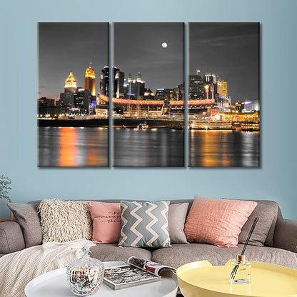 TUMOVO 3 Panel Cincinnati Ohio City Skyline Canvas Wall Art American Skyscrapers Cityscape Pictures Posters and Prints Wall Decor for Bedroom House Decor Framed Ready to Hang (36" Wx24 H)