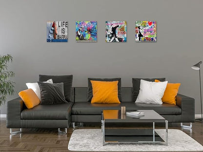 Biufo Banksy Canvas Wall Art Prints Pop Street Art Picture Paintings for Living Room Bedroom Wall Decor (16"x16"x4Pcs)