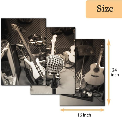 Pacimo 3 Panels Music Artistic Paintings Wall Art The Music of The Band Guitar and Shelf Drum Piano Pictures Print on Canvas for Modern Home Decoration for Living Room Framed Ready to Hang - 16"x24"x3