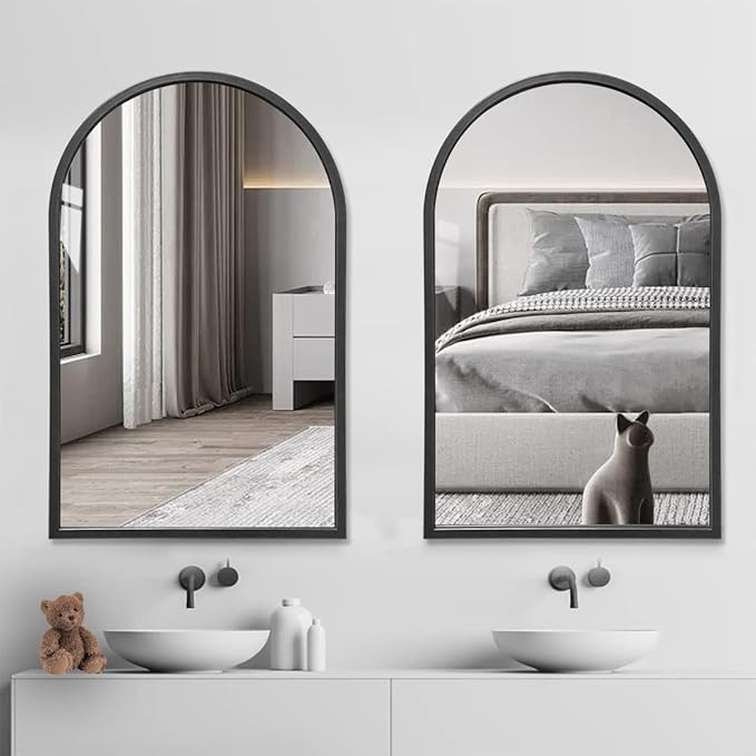 Wall Mounted Mirror, 30“x20 Black Bathroom Mirror, Arched Window Mirrors for Wall, Arched Top Mirror with Metal Frame, Vanity Mirror for Living Room or Bedroom
